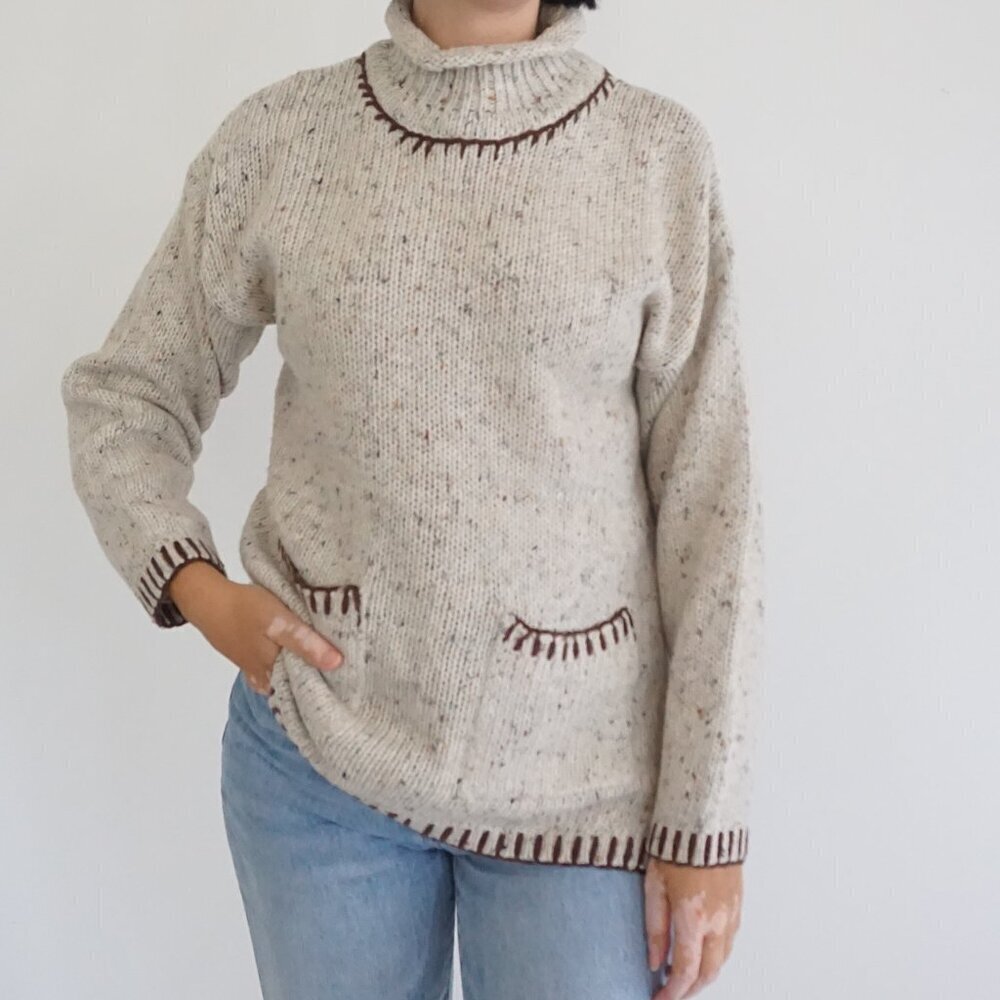 Vintage Extra Beige Cream Speckled Knit Sweater Eclectic Grandpa Boho  S